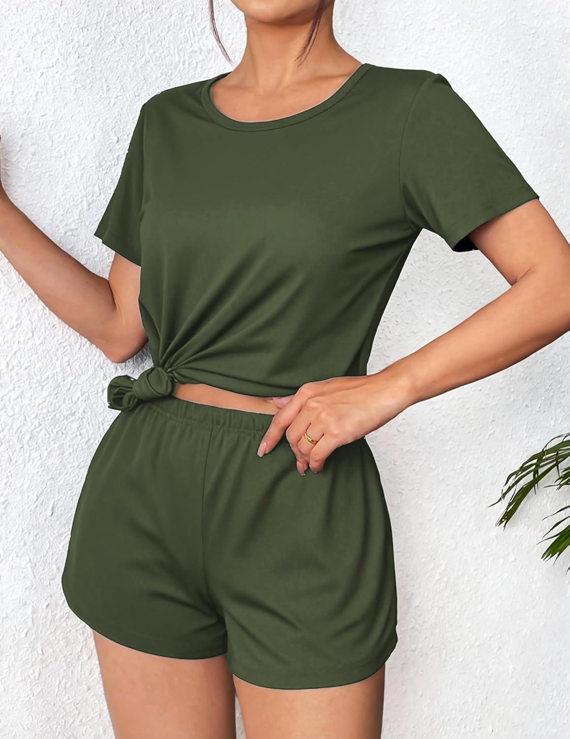 imageEkouaer Womens Pajama Sets Short Sleeve Pjs 2 Piece Top and Shorts Sleepwear Comfy Soft Lounge Sets with PocketsArmy Green