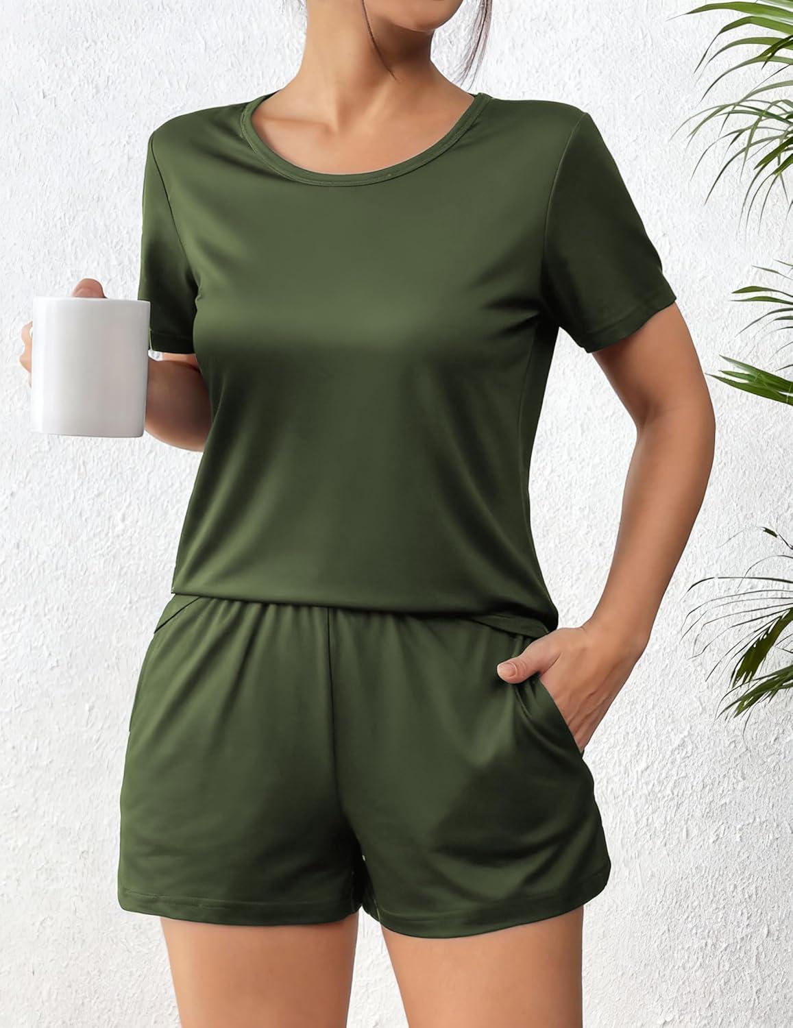 imageEkouaer Womens Pajama Sets Short Sleeve Pjs 2 Piece Top and Shorts Sleepwear Comfy Soft Lounge Sets with PocketsArmy Green