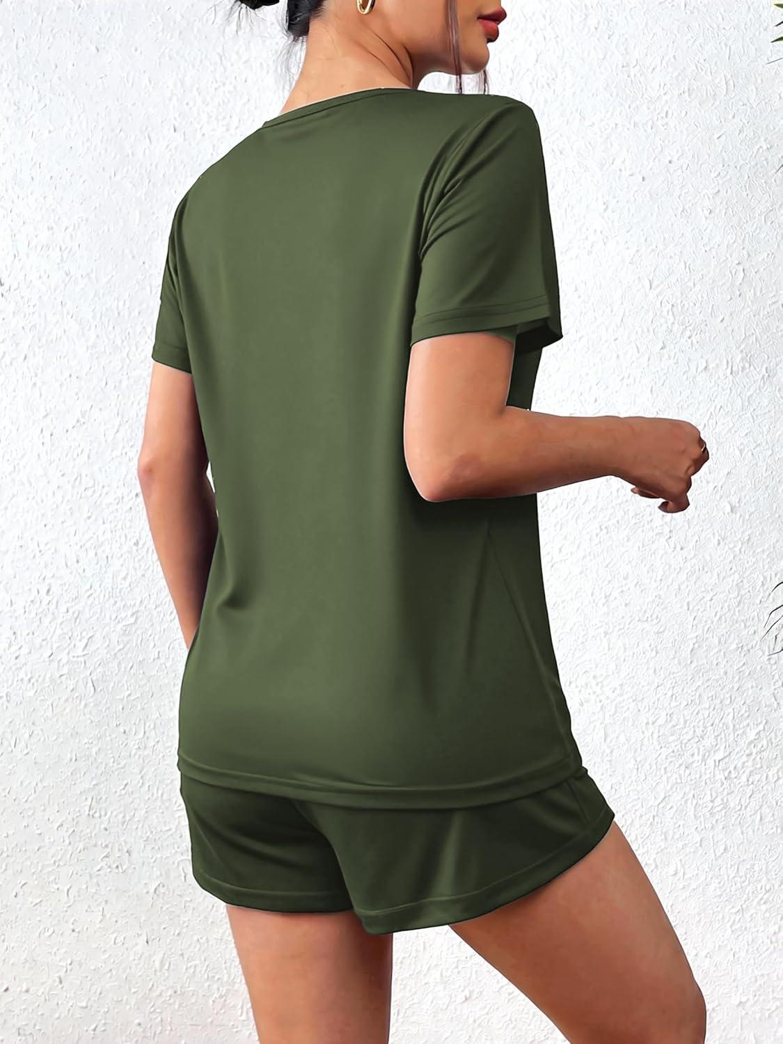 imageEkouaer Womens Pajama Sets Short Sleeve Pjs 2 Piece Top and Shorts Sleepwear Comfy Soft Lounge Sets with PocketsArmy Green