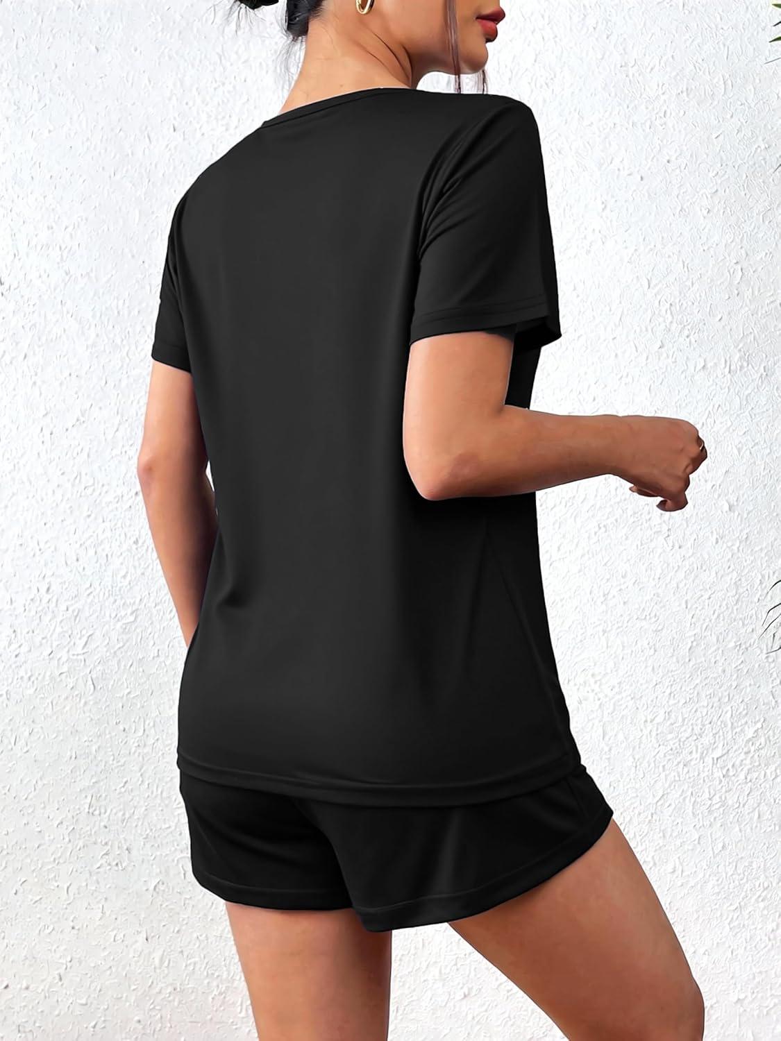 imageEkouaer Womens Pajama Sets Short Sleeve Pjs 2 Piece Top and Shorts Sleepwear Comfy Soft Lounge Sets with PocketsBlack