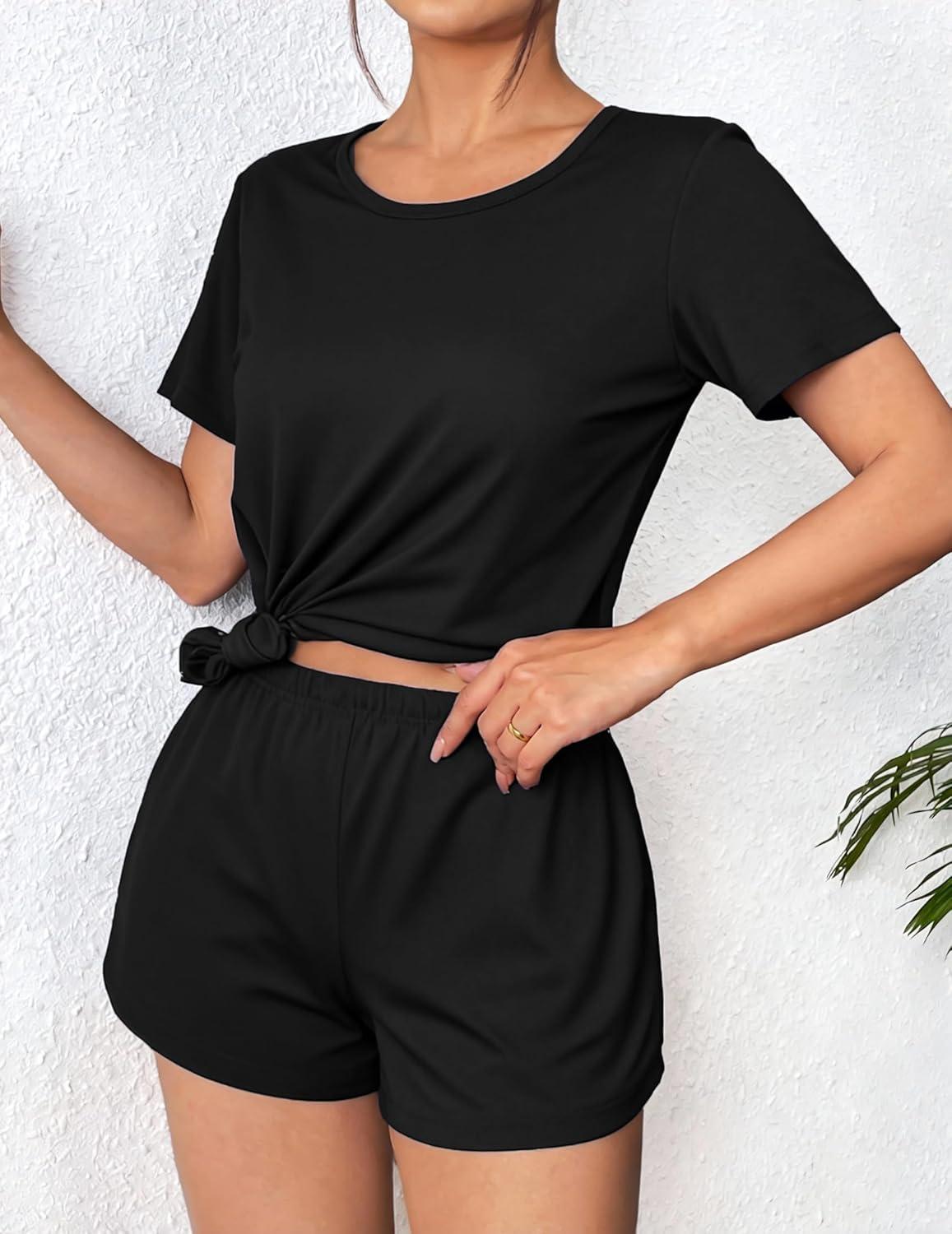 imageEkouaer Womens Pajama Sets Short Sleeve Pjs 2 Piece Top and Shorts Sleepwear Comfy Soft Lounge Sets with PocketsBlack