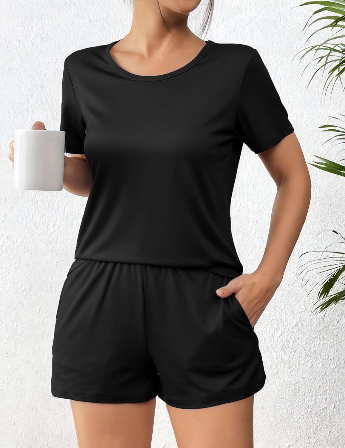 imageEkouaer Womens Pajama Sets Short Sleeve Pjs 2 Piece Top and Shorts Sleepwear Comfy Soft Lounge Sets with PocketsBlack