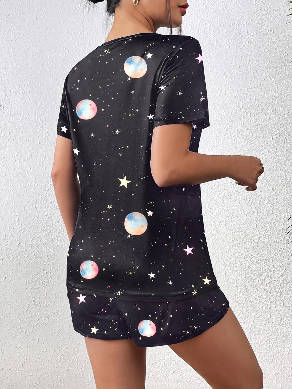 imageEkouaer Womens Pajama Sets Short Sleeve Pjs 2 Piece Top and Shorts Sleepwear Comfy Soft Lounge Sets with PocketsBlack Sky