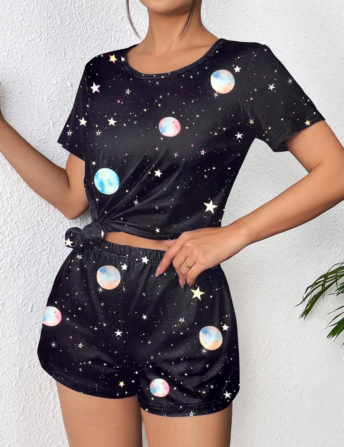 imageEkouaer Womens Pajama Sets Short Sleeve Pjs 2 Piece Top and Shorts Sleepwear Comfy Soft Lounge Sets with PocketsBlack Sky