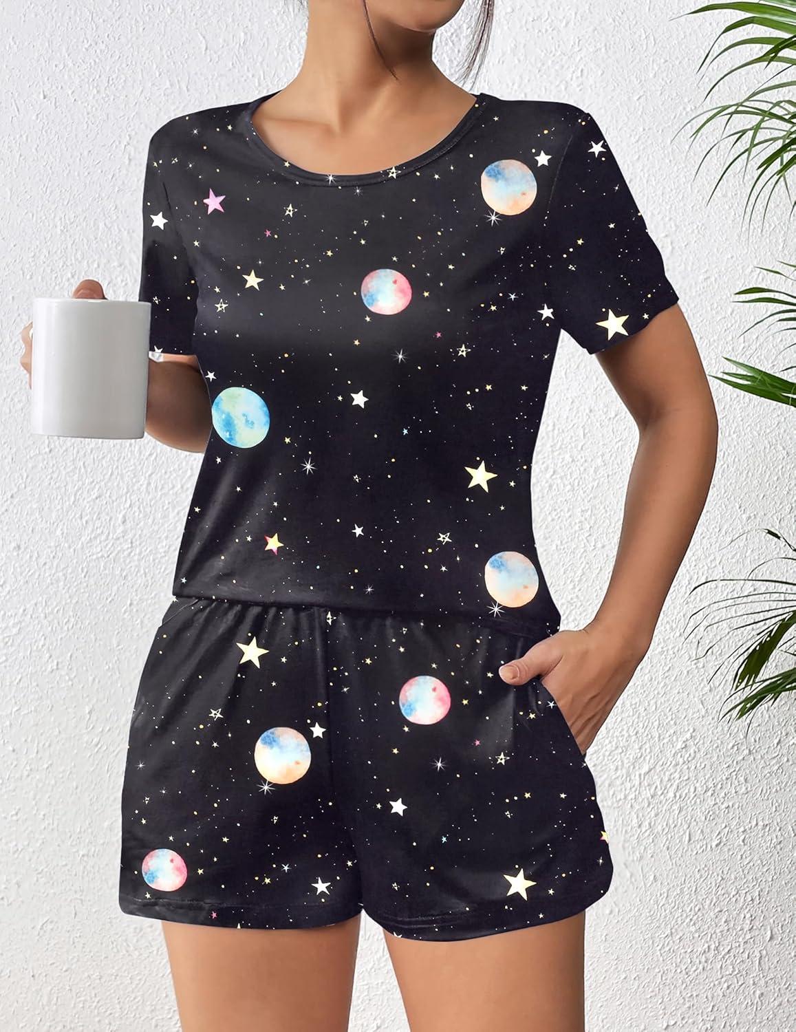 imageEkouaer Womens Pajama Sets Short Sleeve Pjs 2 Piece Top and Shorts Sleepwear Comfy Soft Lounge Sets with PocketsBlack Sky