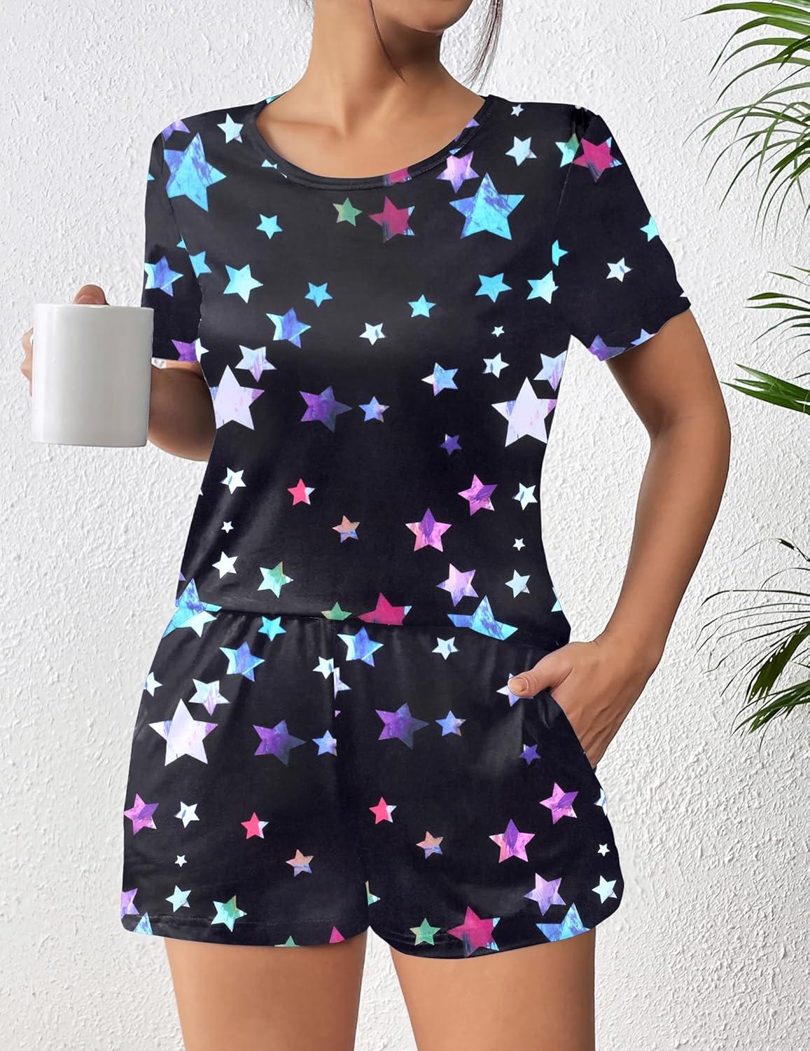 imageEkouaer Womens Pajama Sets Short Sleeve Pjs 2 Piece Top and Shorts Sleepwear Comfy Soft Lounge Sets with PocketsBlack Star