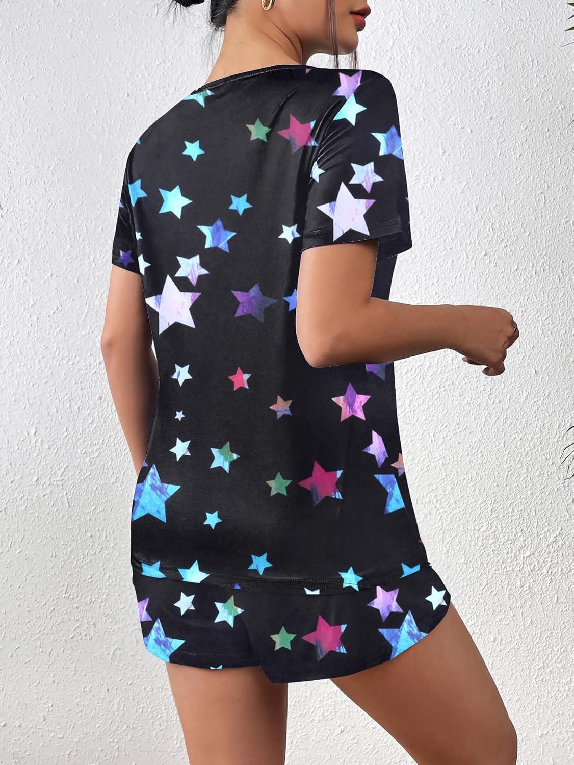 imageEkouaer Womens Pajama Sets Short Sleeve Pjs 2 Piece Top and Shorts Sleepwear Comfy Soft Lounge Sets with PocketsBlack Star