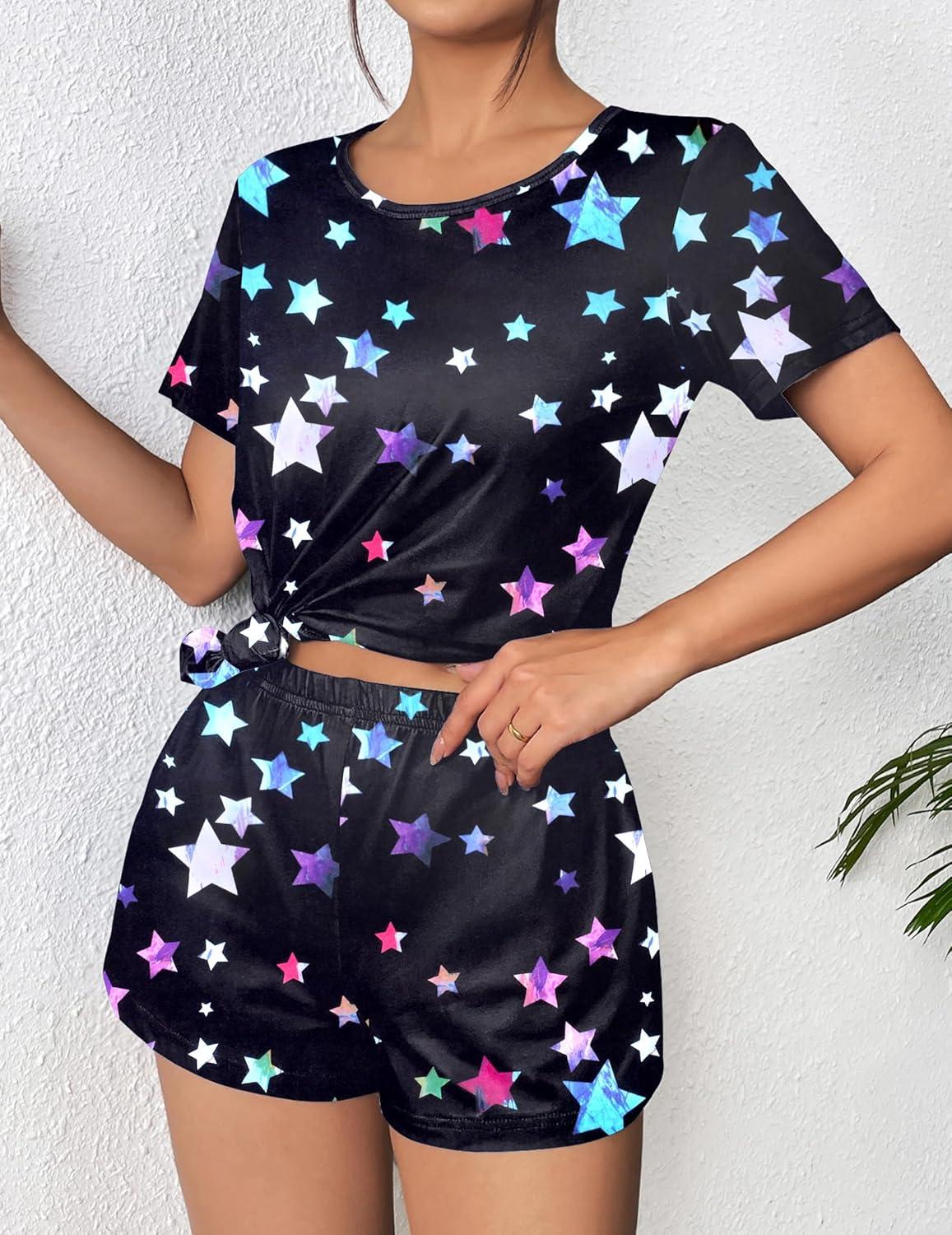 imageEkouaer Womens Pajama Sets Short Sleeve Pjs 2 Piece Top and Shorts Sleepwear Comfy Soft Lounge Sets with PocketsBlack Star