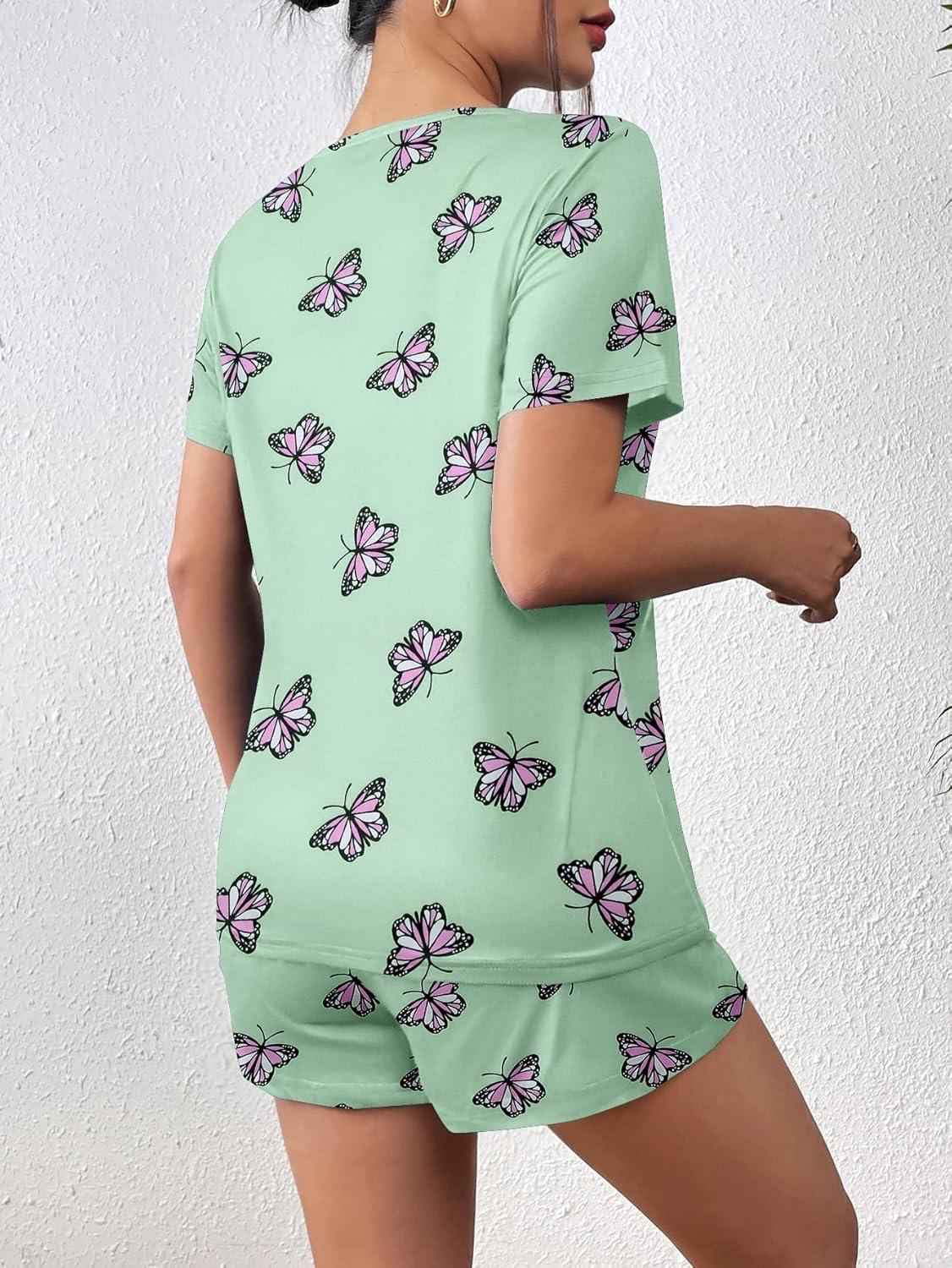 imageEkouaer Womens Pajama Sets Short Sleeve Pjs 2 Piece Top and Shorts Sleepwear Comfy Soft Lounge Sets with PocketsButterfly