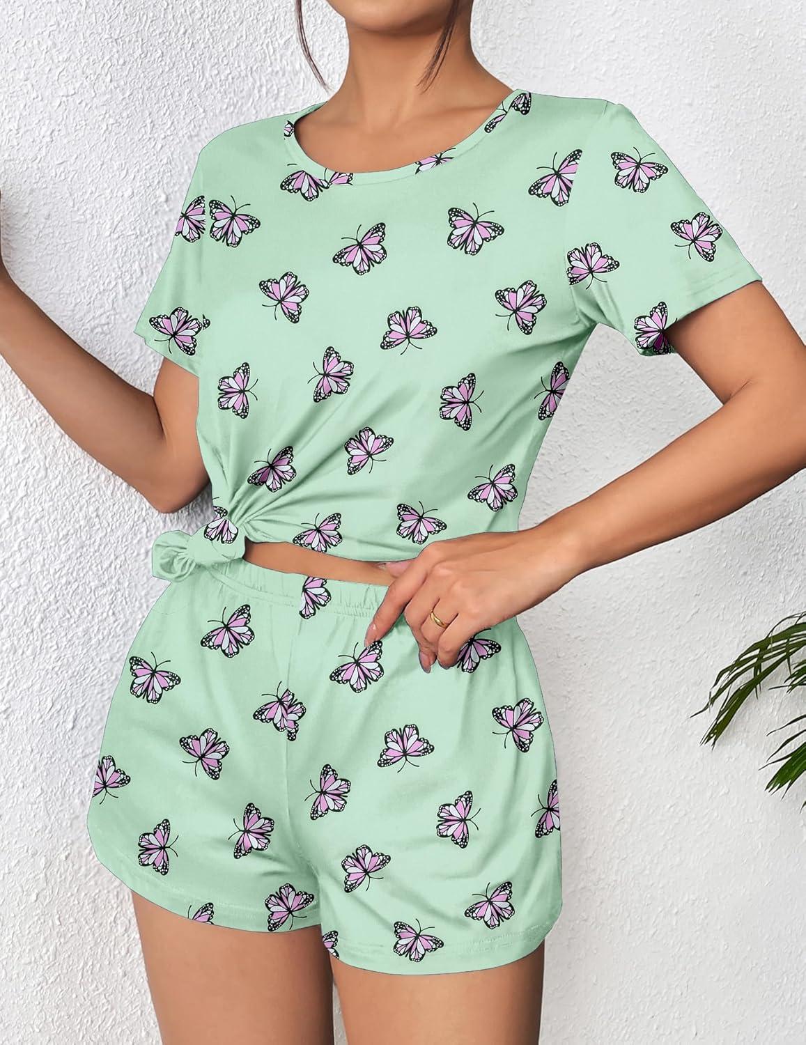 imageEkouaer Womens Pajama Sets Short Sleeve Pjs 2 Piece Top and Shorts Sleepwear Comfy Soft Lounge Sets with PocketsButterfly