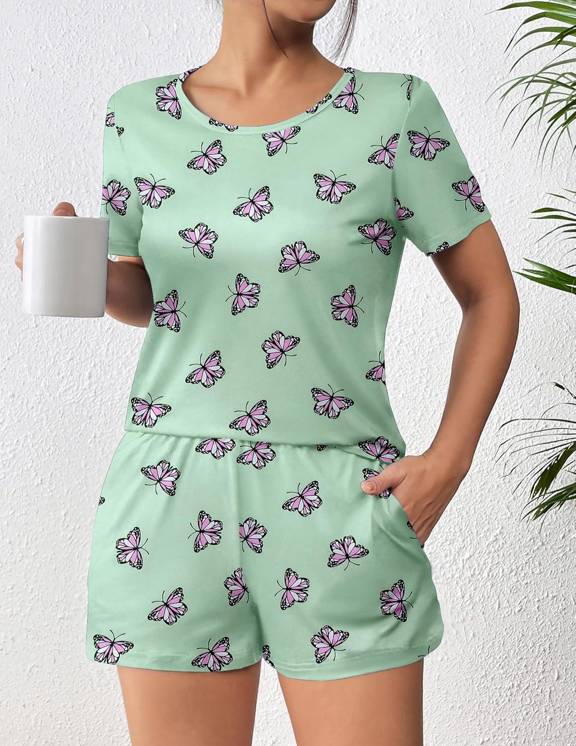 imageEkouaer Womens Pajama Sets Short Sleeve Pjs 2 Piece Top and Shorts Sleepwear Comfy Soft Lounge Sets with PocketsButterfly