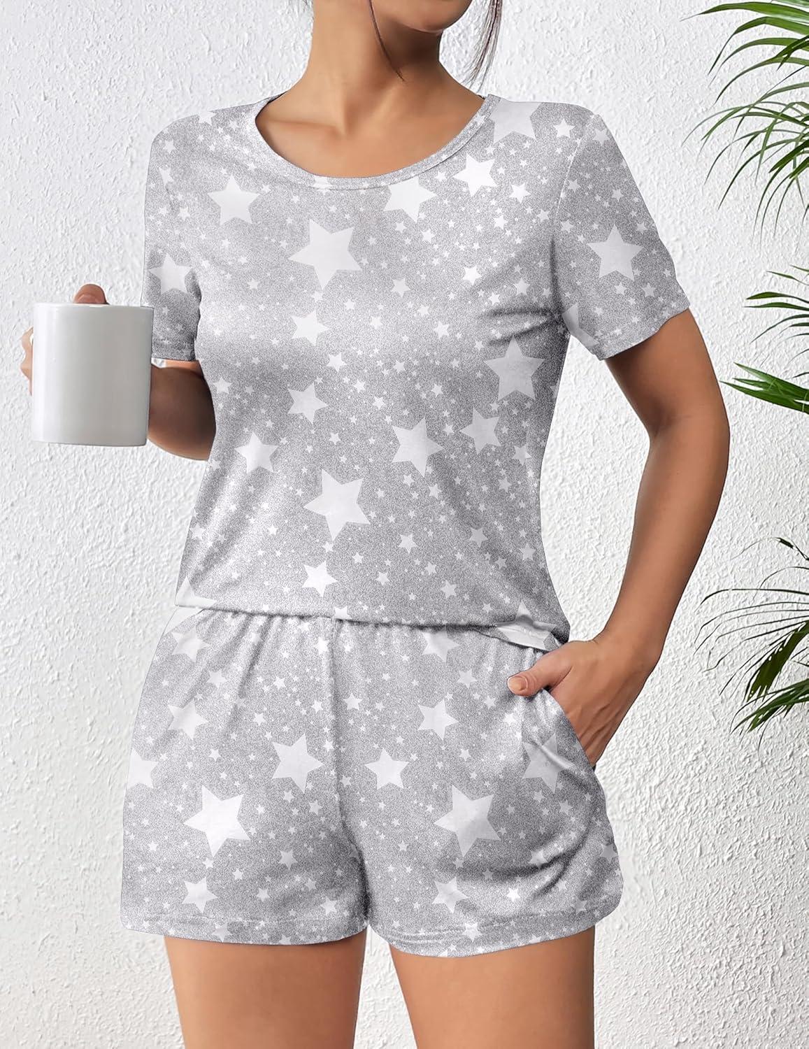 imageEkouaer Womens Pajama Sets Short Sleeve Pjs 2 Piece Top and Shorts Sleepwear Comfy Soft Lounge Sets with PocketsGrey Star