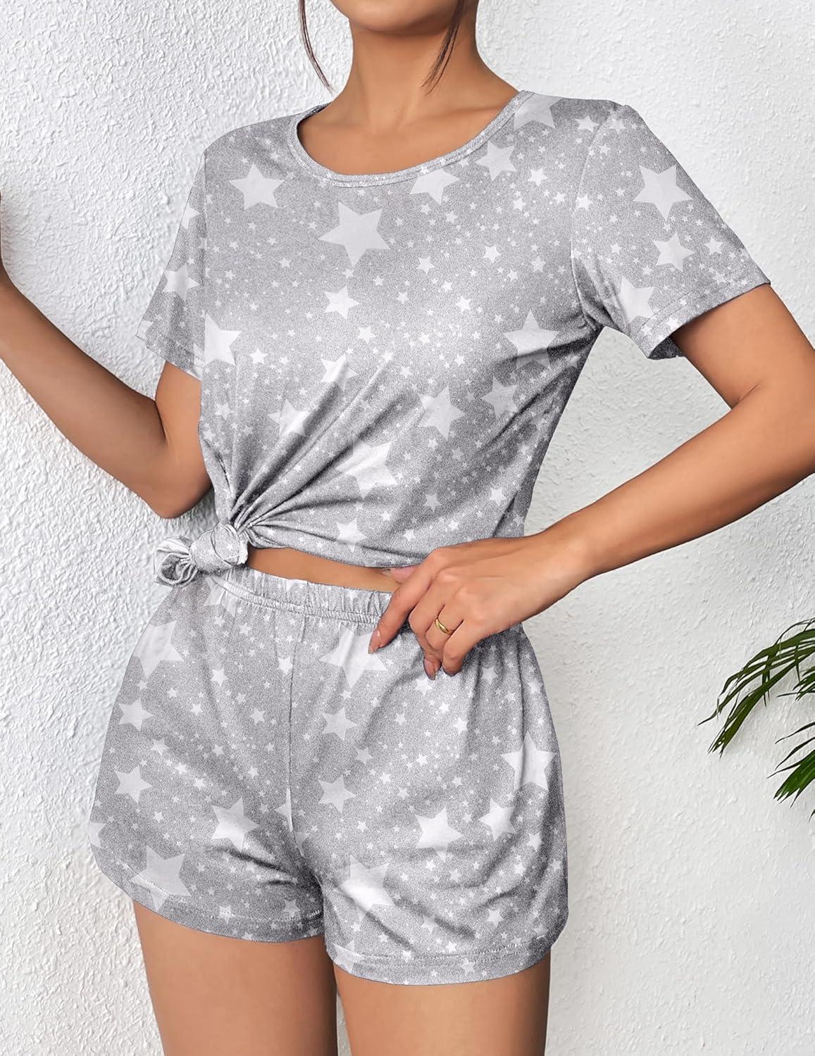 imageEkouaer Womens Pajama Sets Short Sleeve Pjs 2 Piece Top and Shorts Sleepwear Comfy Soft Lounge Sets with PocketsGrey Star