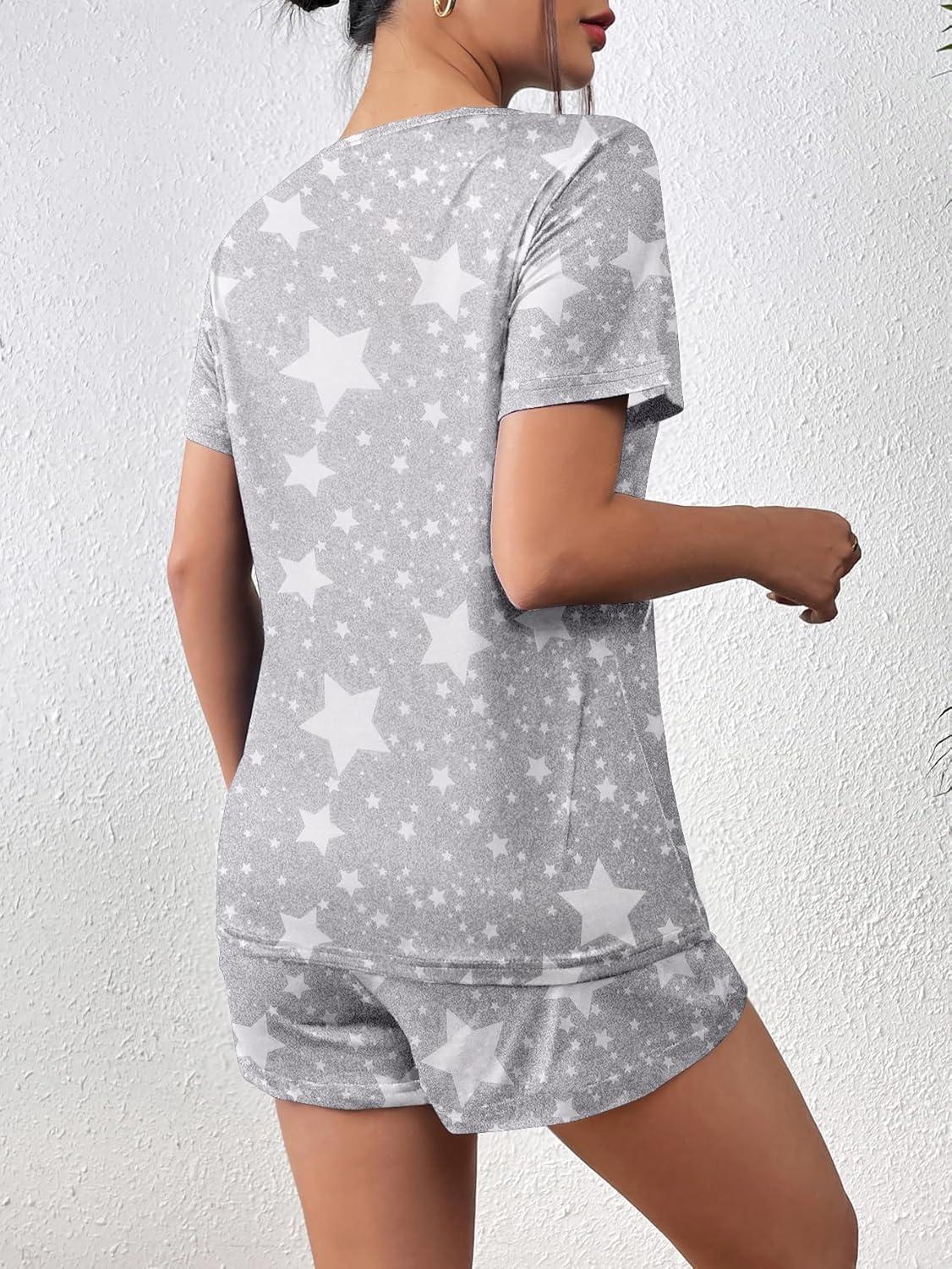 imageEkouaer Womens Pajama Sets Short Sleeve Pjs 2 Piece Top and Shorts Sleepwear Comfy Soft Lounge Sets with PocketsGrey Star