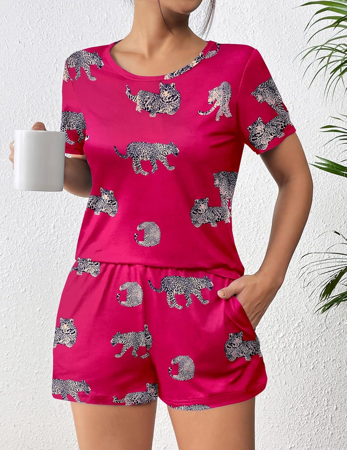 imageEkouaer Womens Pajama Sets Short Sleeve Pjs 2 Piece Top and Shorts Sleepwear Comfy Soft Lounge Sets with PocketsHot Pink Animal Print