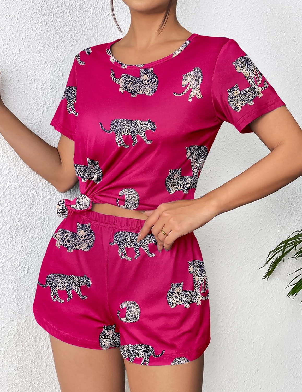 imageEkouaer Womens Pajama Sets Short Sleeve Pjs 2 Piece Top and Shorts Sleepwear Comfy Soft Lounge Sets with PocketsHot Pink Animal Print