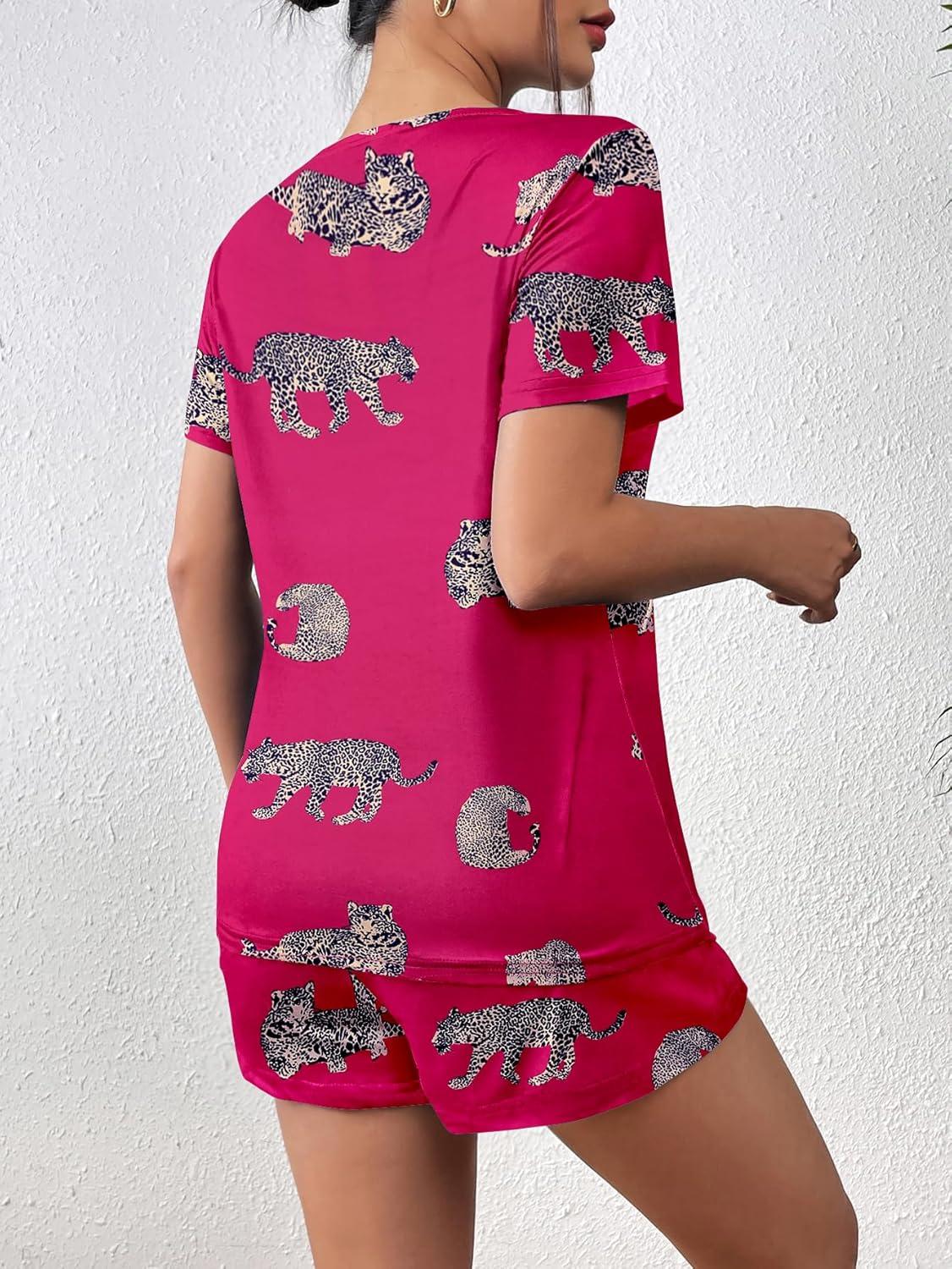 imageEkouaer Womens Pajama Sets Short Sleeve Pjs 2 Piece Top and Shorts Sleepwear Comfy Soft Lounge Sets with PocketsHot Pink Animal Print