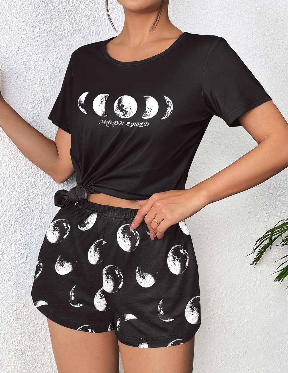 imageEkouaer Womens Pajama Sets Short Sleeve Pjs 2 Piece Top and Shorts Sleepwear Comfy Soft Lounge Sets with PocketsMoon Print
