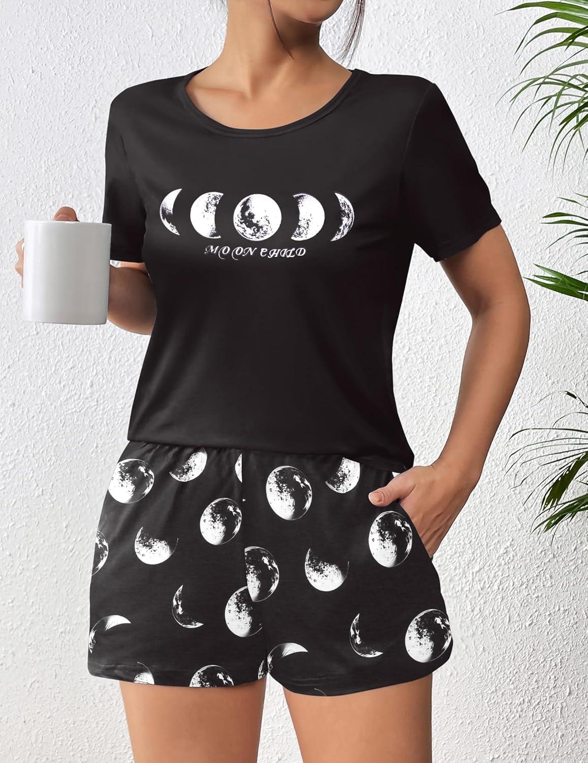 imageEkouaer Womens Pajama Sets Short Sleeve Pjs 2 Piece Top and Shorts Sleepwear Comfy Soft Lounge Sets with PocketsMoon Print