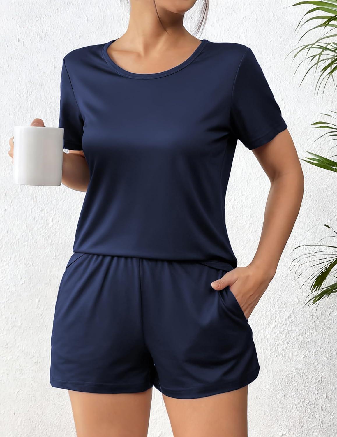 imageEkouaer Womens Pajama Sets Short Sleeve Pjs 2 Piece Top and Shorts Sleepwear Comfy Soft Lounge Sets with PocketsNavy Blue