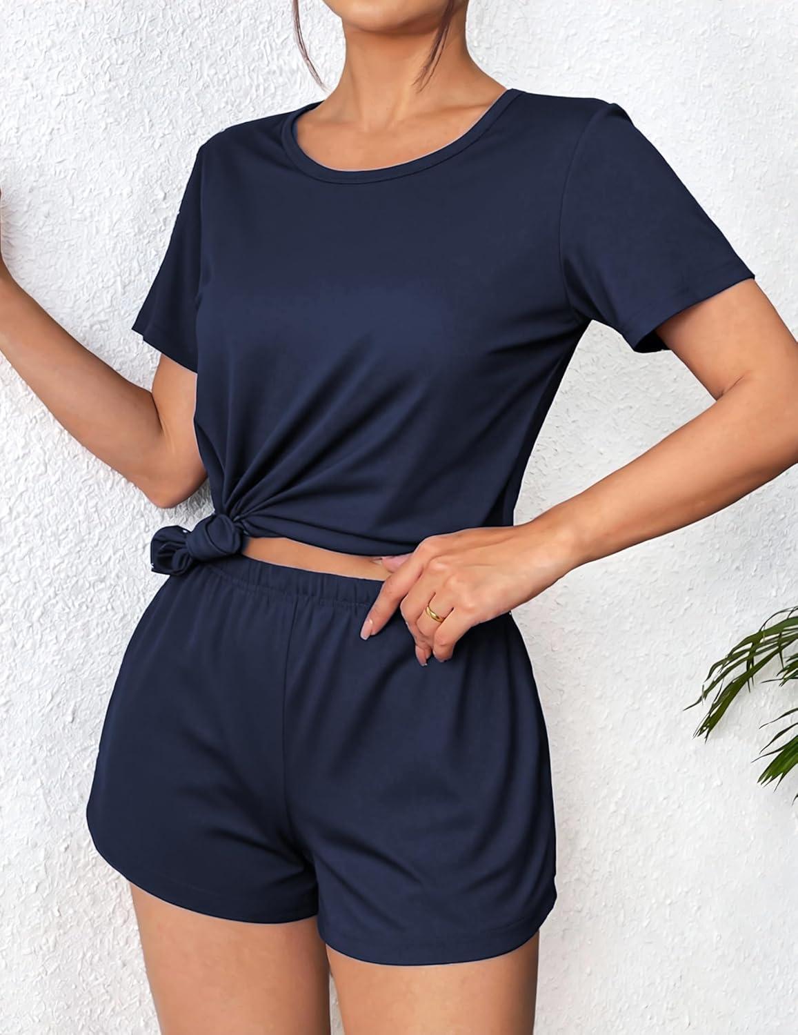 imageEkouaer Womens Pajama Sets Short Sleeve Pjs 2 Piece Top and Shorts Sleepwear Comfy Soft Lounge Sets with PocketsNavy Blue