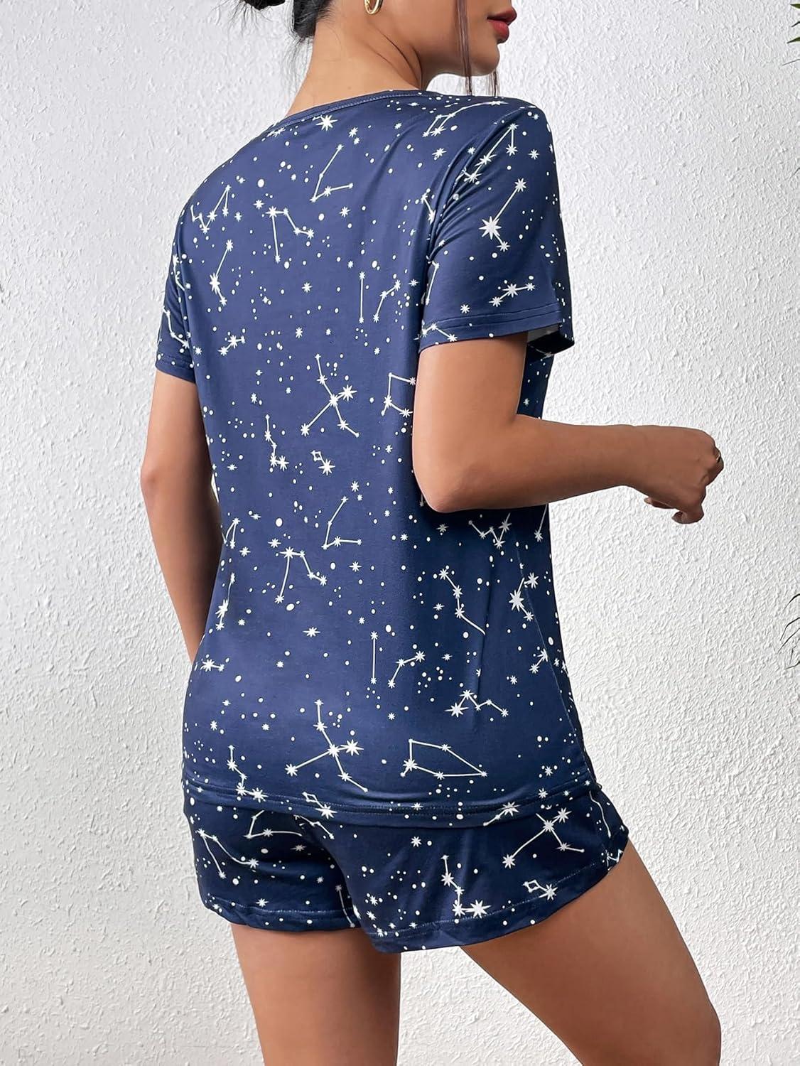 imageEkouaer Womens Pajama Sets Short Sleeve Pjs 2 Piece Top and Shorts Sleepwear Comfy Soft Lounge Sets with PocketsNavy Blue Sky