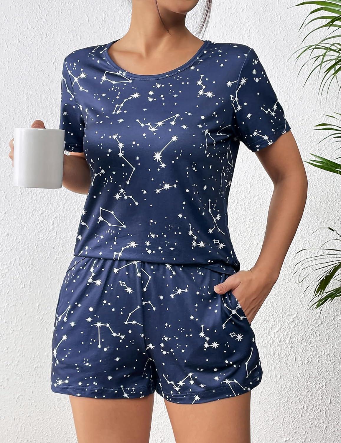 imageEkouaer Womens Pajama Sets Short Sleeve Pjs 2 Piece Top and Shorts Sleepwear Comfy Soft Lounge Sets with PocketsNavy Blue Sky