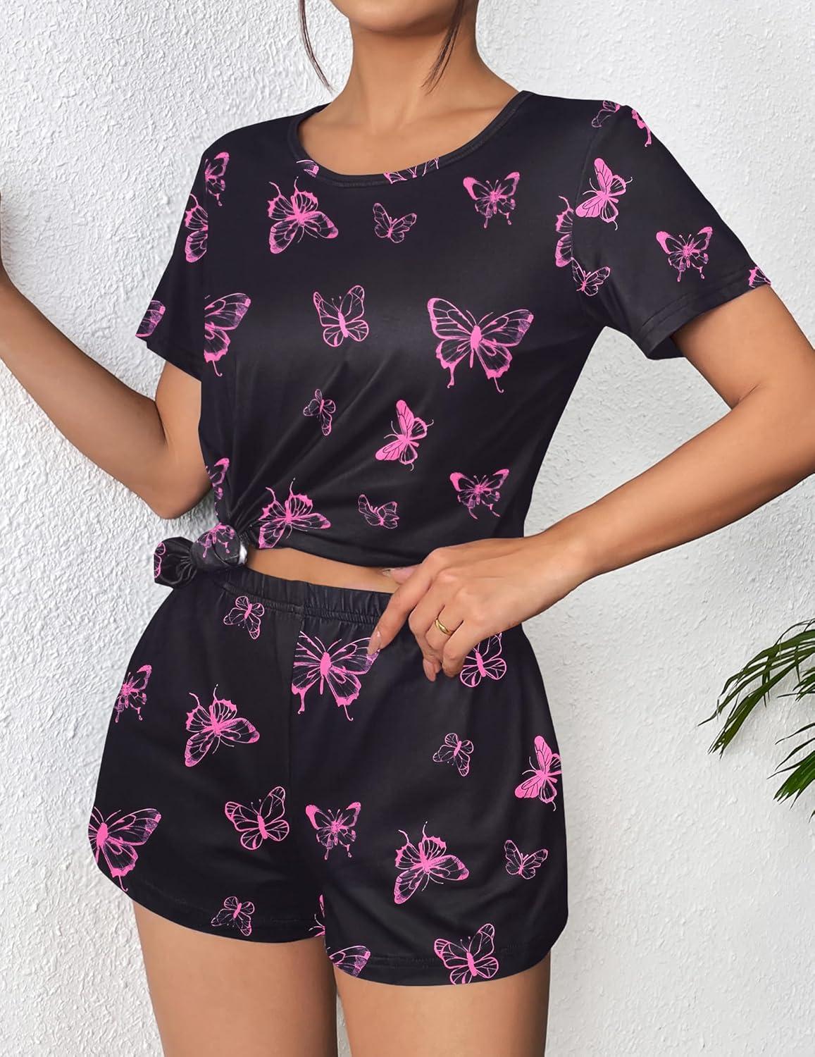 imageEkouaer Womens Pajama Sets Short Sleeve Pjs 2 Piece Top and Shorts Sleepwear Comfy Soft Lounge Sets with PocketsPink Butterfly