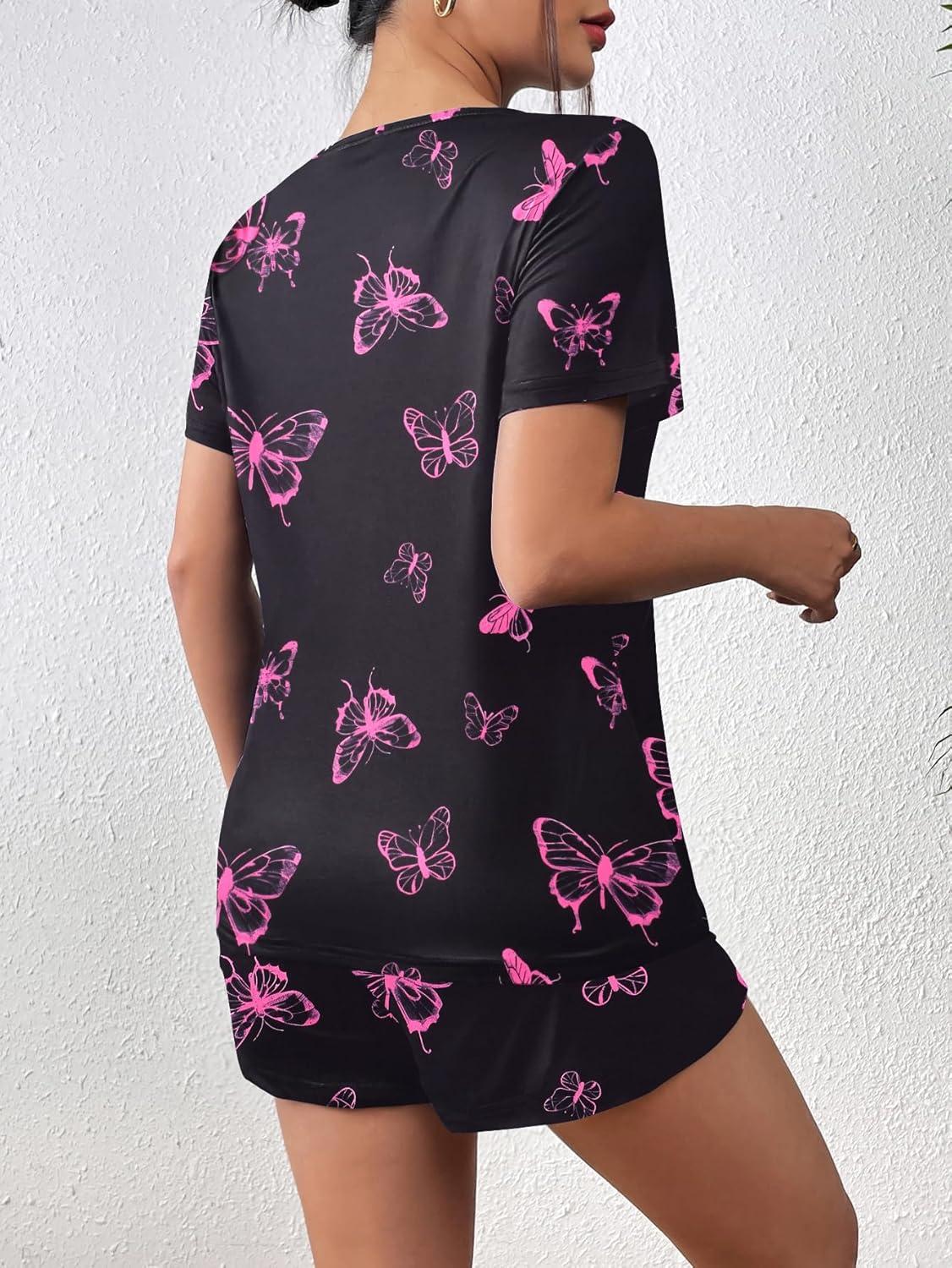 imageEkouaer Womens Pajama Sets Short Sleeve Pjs 2 Piece Top and Shorts Sleepwear Comfy Soft Lounge Sets with PocketsPink Butterfly