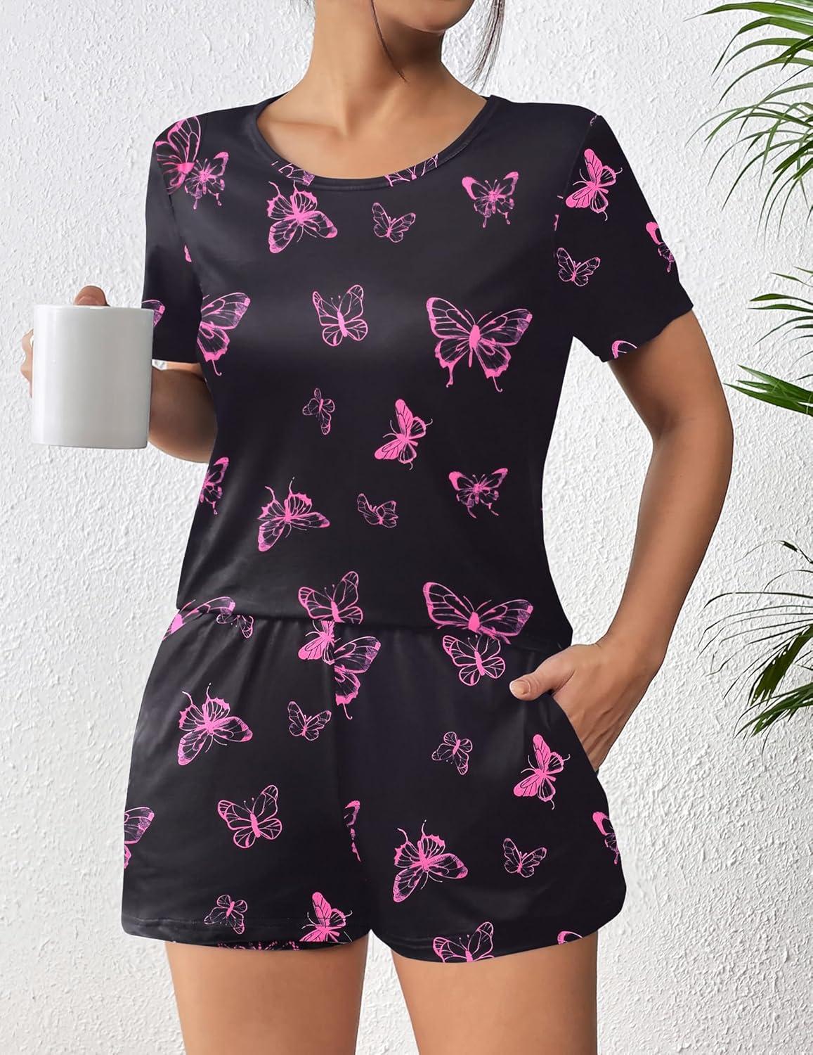 imageEkouaer Womens Pajama Sets Short Sleeve Pjs 2 Piece Top and Shorts Sleepwear Comfy Soft Lounge Sets with PocketsPink Butterfly