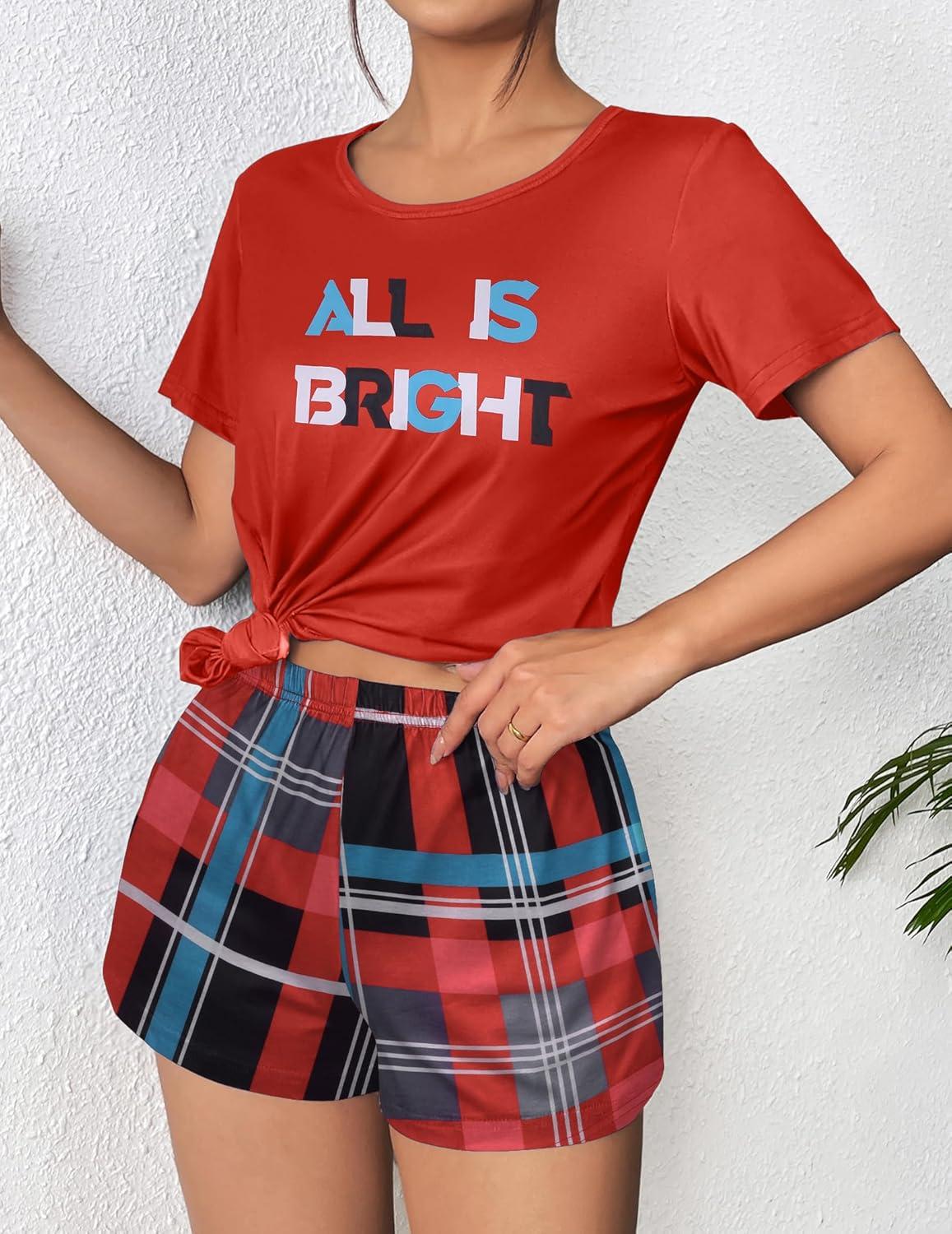 imageEkouaer Womens Pajama Sets Short Sleeve Pjs 2 Piece Top and Shorts Sleepwear Comfy Soft Lounge Sets with PocketsRed Plaid