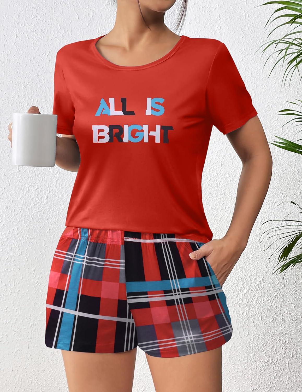 imageEkouaer Womens Pajama Sets Short Sleeve Pjs 2 Piece Top and Shorts Sleepwear Comfy Soft Lounge Sets with PocketsRed Plaid