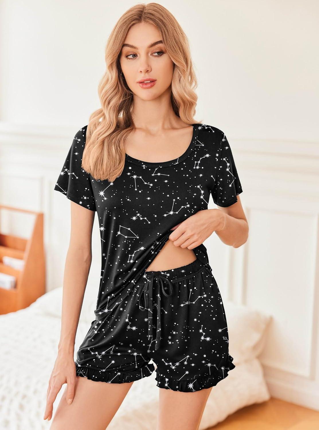 imageEkouaer Womens Pajamas Short Sleeve Lounge Set Crew Neck Tops and Ruffle Shorts Pj Sets Soft Sleepwear with Pockets SXXL