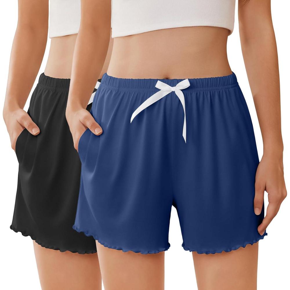 imageEkouaer 2 Pack Womens Pajama Shorts 2026 Summer Casual Lounge Sleep Short Ruffle Soft Comfy Pj Bottoms with PocketsBlackdark Blue