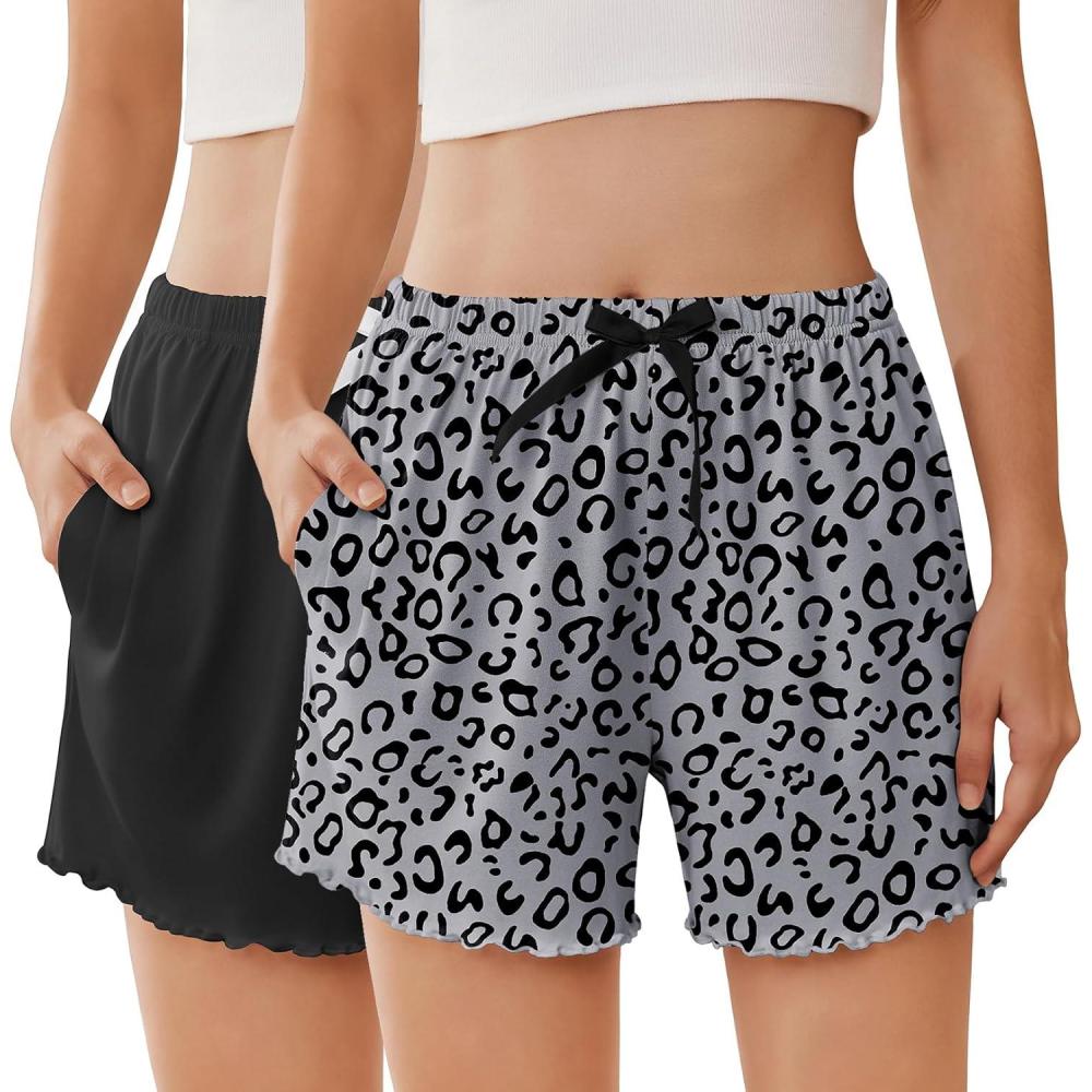 imageEkouaer 2 Pack Womens Pajama Shorts 2026 Summer Casual Lounge Sleep Short Ruffle Soft Comfy Pj Bottoms with PocketsBlackgray Leopard