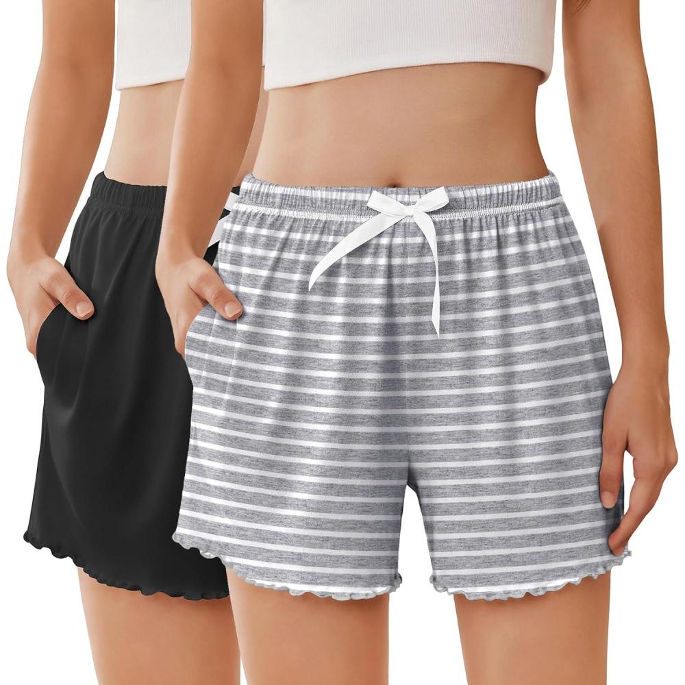 imageEkouaer 2 Pack Womens Pajama Shorts 2026 Summer Casual Lounge Sleep Short Ruffle Soft Comfy Pj Bottoms with PocketsBlackgray Stripe