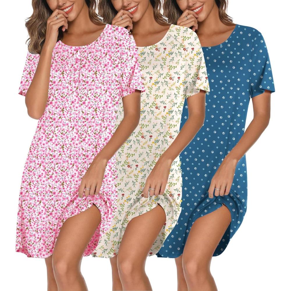 imageEkouaer 3 Pack Nightgowns for Women Short Sleeve Sleepshirt Button Down Nightshirt Soft Pajamas Dress Casual SleepwearPink FloralYellow FloralDog Footprints