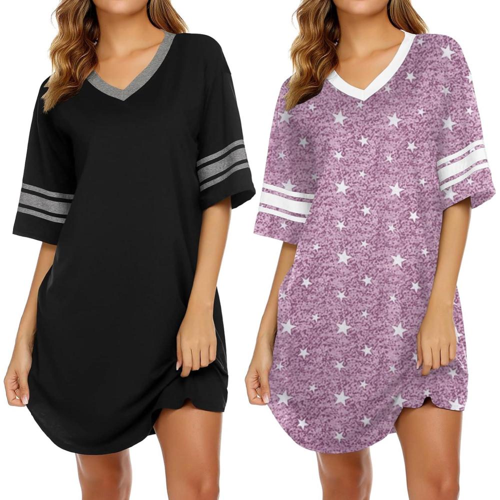 imageEkouaer Nightgowns for Women 2 Pack Sleepshirts Short Sleeve Nightshirt V Neck Sleepwear Casual Pajama DressBlackStar Purple