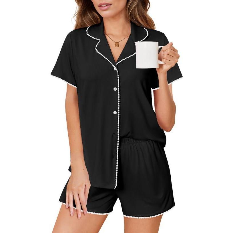 imageEkouaer Pajamas Set for Women Classic Short Sleeve PJ Sets Button Down Lounge Sets Comfy SleepwearBlack