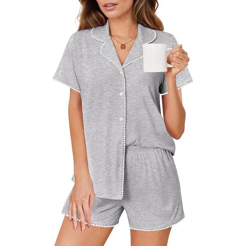 imageEkouaer Pajamas Set for Women Classic Short Sleeve PJ Sets Button Down Lounge Sets Comfy SleepwearLight Grey