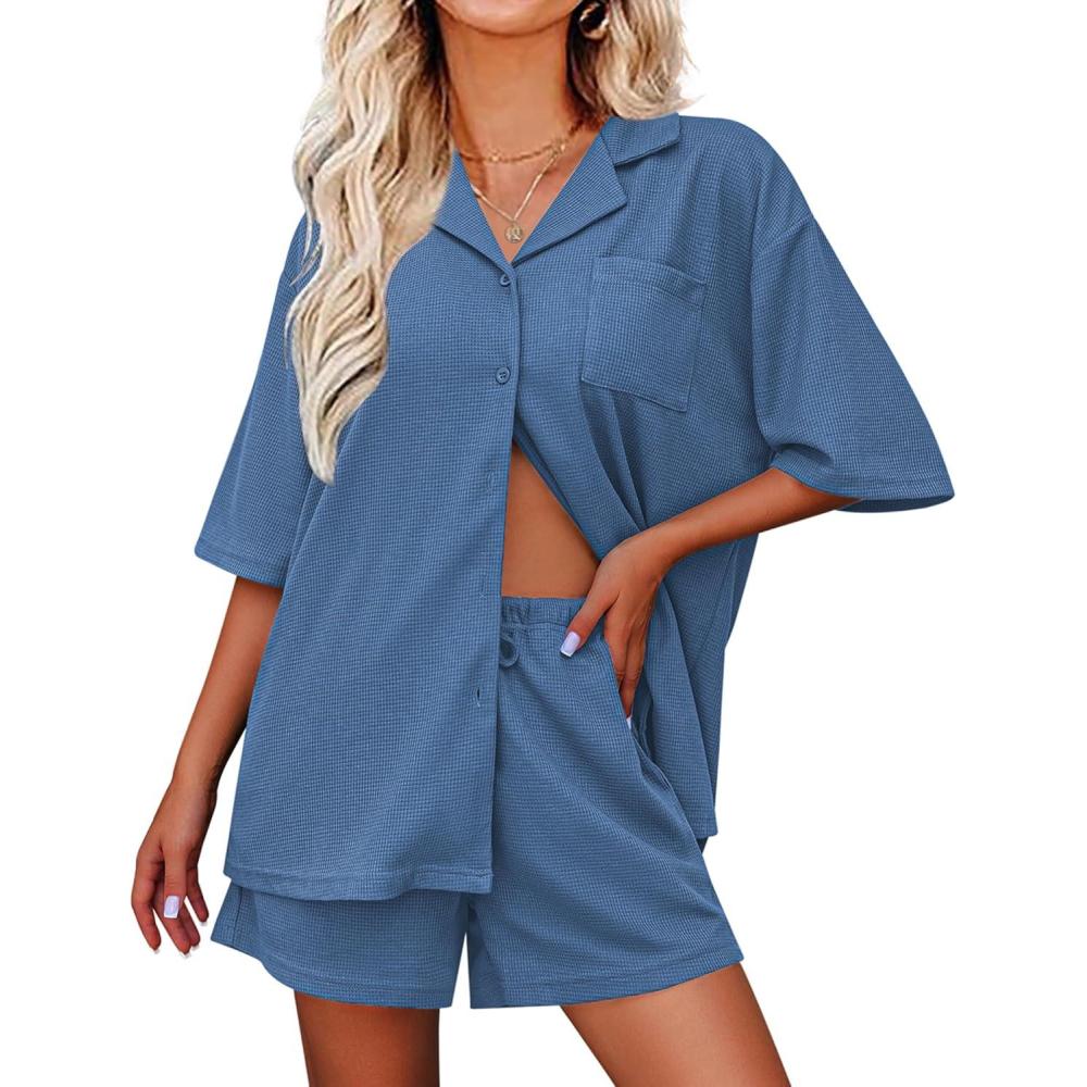imageEkouaer Pajamas for Women Waffle Knit Lounge Set Button Down Loungewear Soft Short Sleeve Pjs Shorts Set SXXL