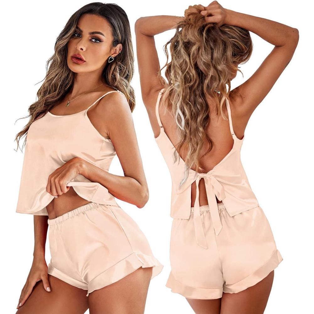 imageEkouaer Satin Backless Ruffle Pajamas Silk Bow Ties Lingerie Set Wedding Bridal Party Sleepwear for WomenBeige