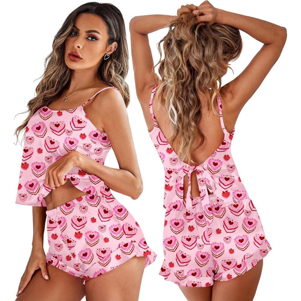 imageEkouaer Satin Backless Ruffle Pajamas Silk Bow Ties Lingerie Set Wedding Bridal Party Sleepwear for WomenPink Cake