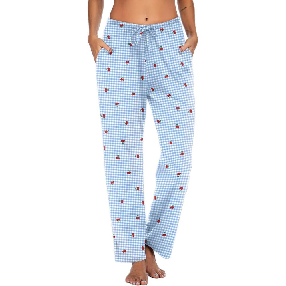 imageEkouaer Women Pajama Pants Comfy Pj Bottom with Pockets Stretch Plaid SleepwearCherry Blue Plaid