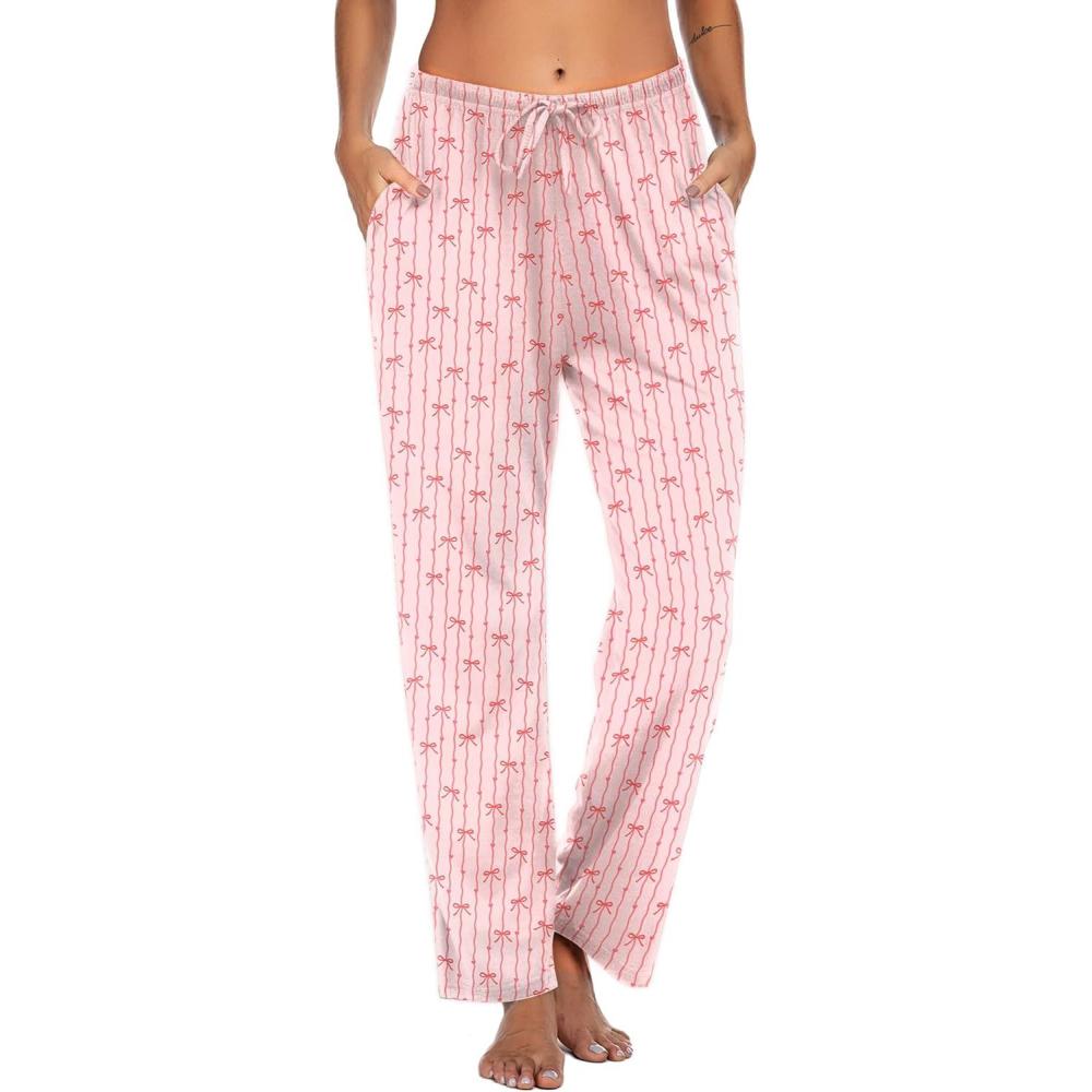 imageEkouaer Women Pajama Pants Comfy Pj Bottom with Pockets Stretch Plaid SleepwearPink Bowknots