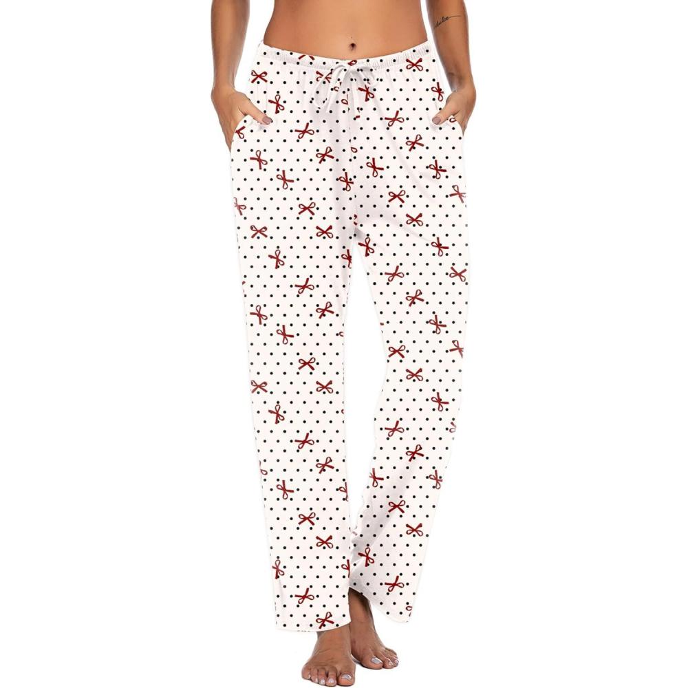 imageEkouaer Women Pajama Pants Comfy Pj Bottom with Pockets Stretch Plaid SleepwearPolkadot Bow