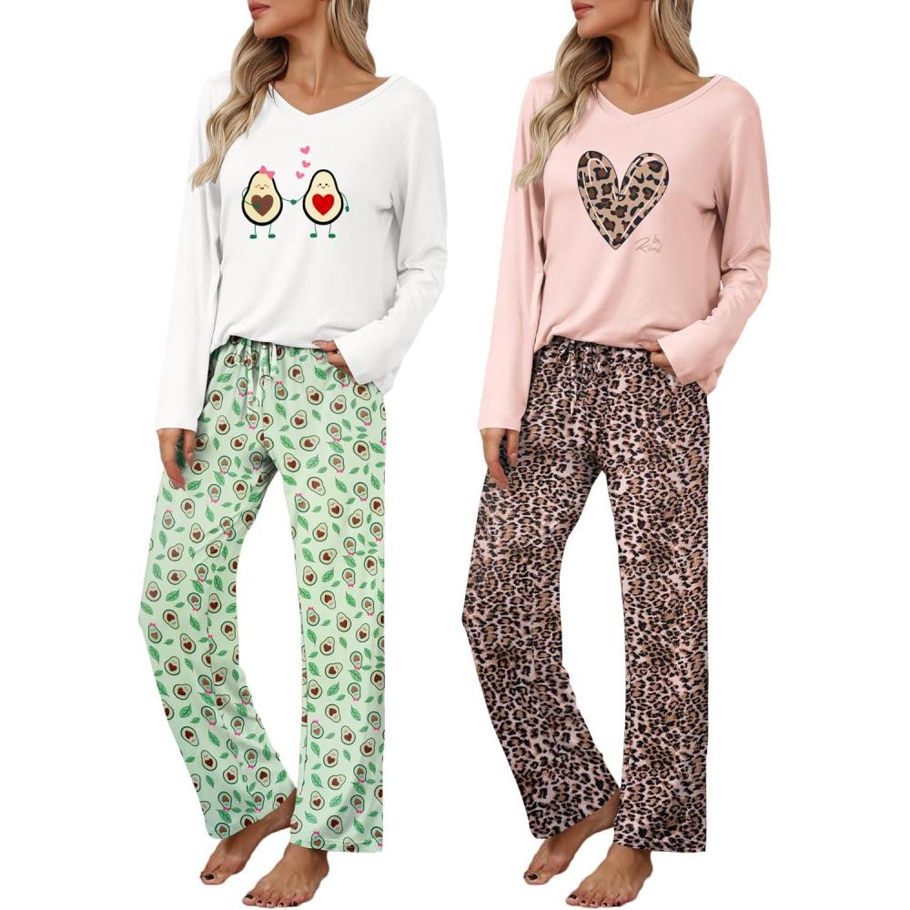 imageEkouaer Womens 2 Pack Pajama Set Long Sleeve Pajamas Top and Pants V Neck Pjs Set Soft Loungewear with PocketsAvocado Green  Pink Leopard Print