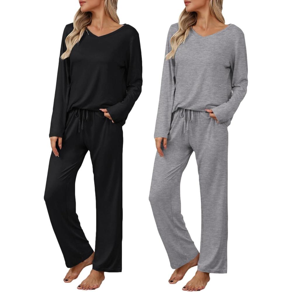 imageEkouaer Womens 2 Pack Pajama Set Long Sleeve Pajamas Top and Pants V Neck Pjs Set Soft Loungewear with PocketsBlack  Dark Grey