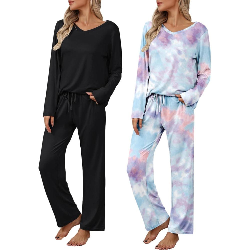 imageEkouaer Womens 2 Pack Pajama Set Long Sleeve Pajamas Top and Pants V Neck Pjs Set Soft Loungewear with PocketsBlack  Tie Dye