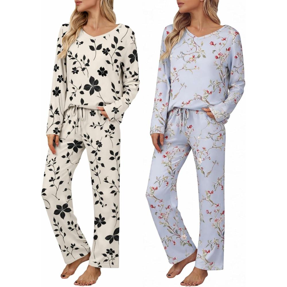 imageEkouaer Womens 2 Pack Pajama Set Long Sleeve Pajamas Top and Pants V Neck Pjs Set Soft Loungewear with PocketsBlack Floral Blue Floral